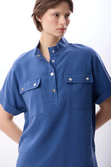 Açık Yaka Metal Düğmeli Gömlek (İndigo)