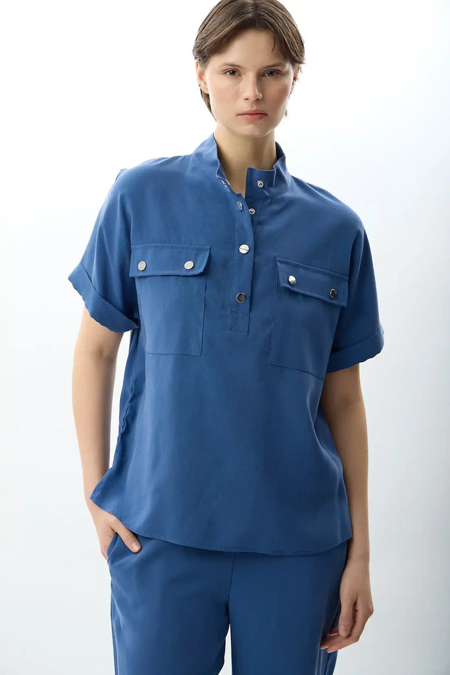 Açık Yaka Metal Düğmeli Gömlek (İndigo)