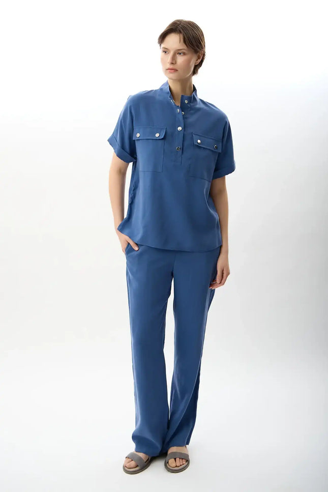 Açık Yaka Metal Düğmeli Gömlek (İndigo)