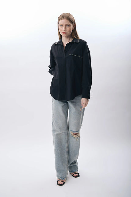 Boncuk Detaylı Rahat Kesim Gömlek (Siyah)