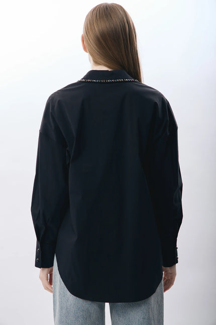 Boncuk Detaylı Rahat Kesim Gömlek (Siyah)