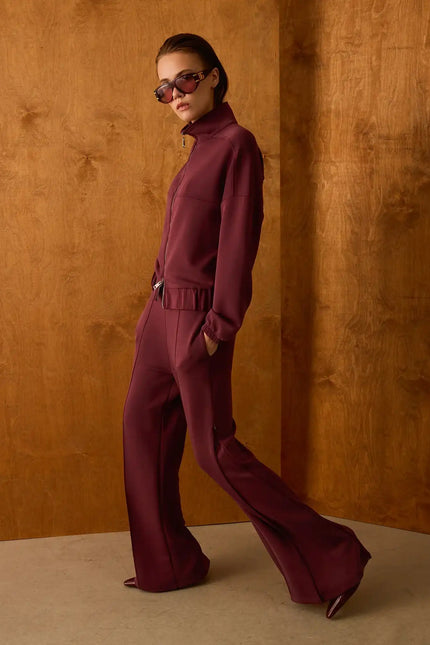Fermuarlı Bordo Pantolon