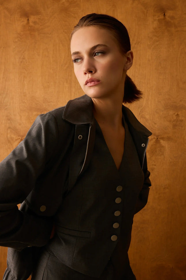 Fermuarlı Gri Ceket