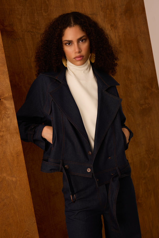 Kruvaze Yaka Denim Ceket (Lacivert)