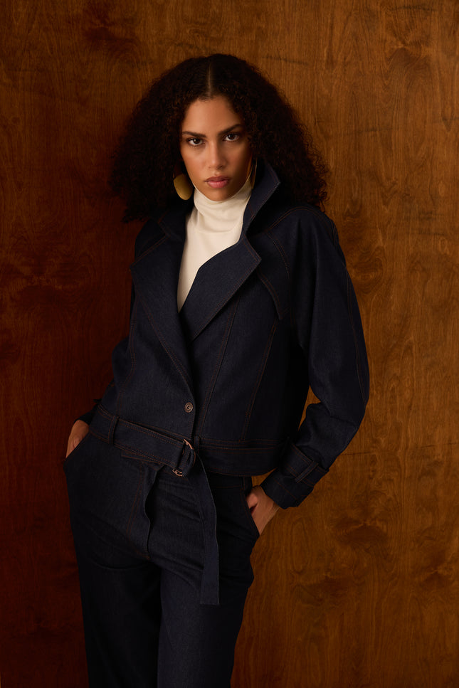 Kruvaze Yaka Denim Ceket (Lacivert)
