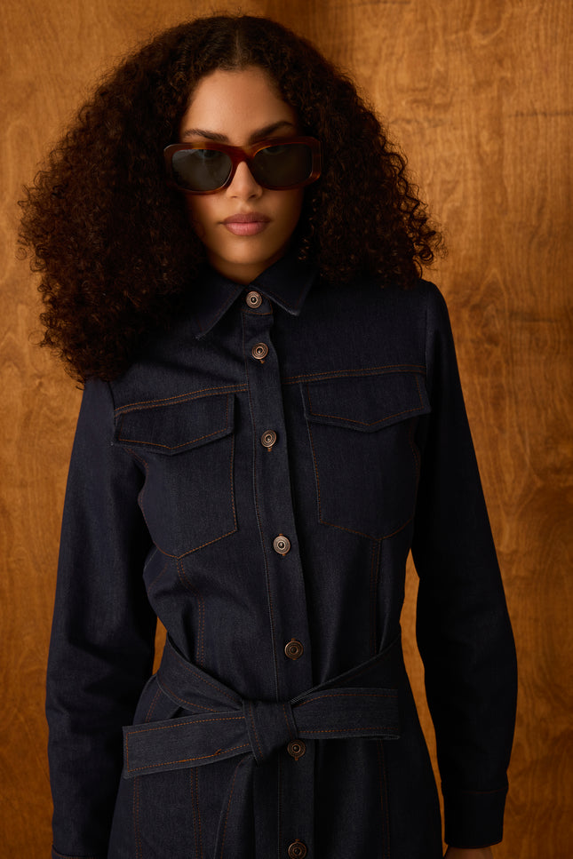 Kuşaklı Denim Elbise (Lacivert)