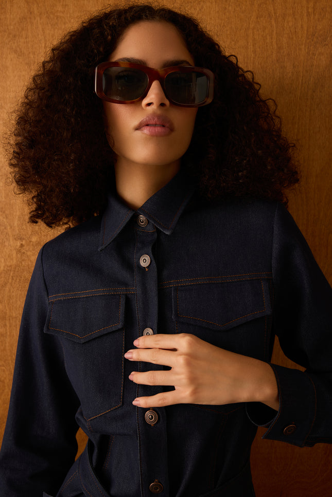 Kuşaklı Denim Elbise (Lacivert)