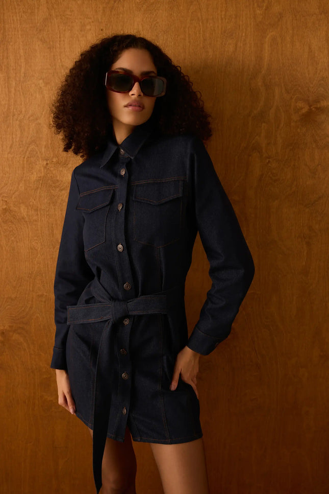 Kuşaklı Denim Elbise