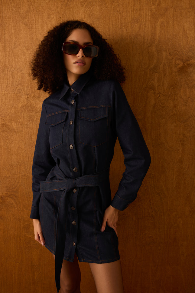 Kuşaklı Denim Elbise (Lacivert)