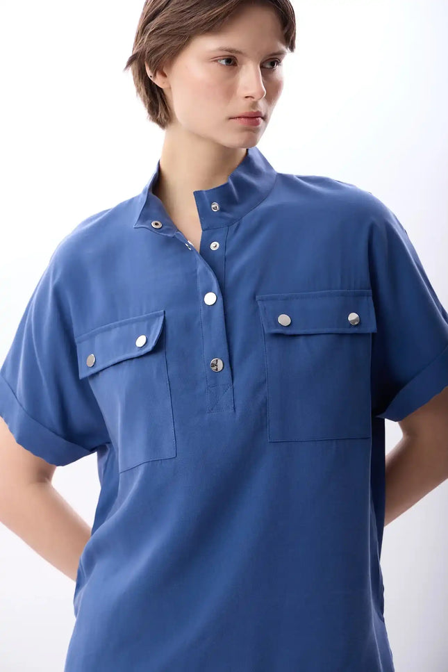 Açık Yaka Metal Düğmeli Gömlek (İndigo)