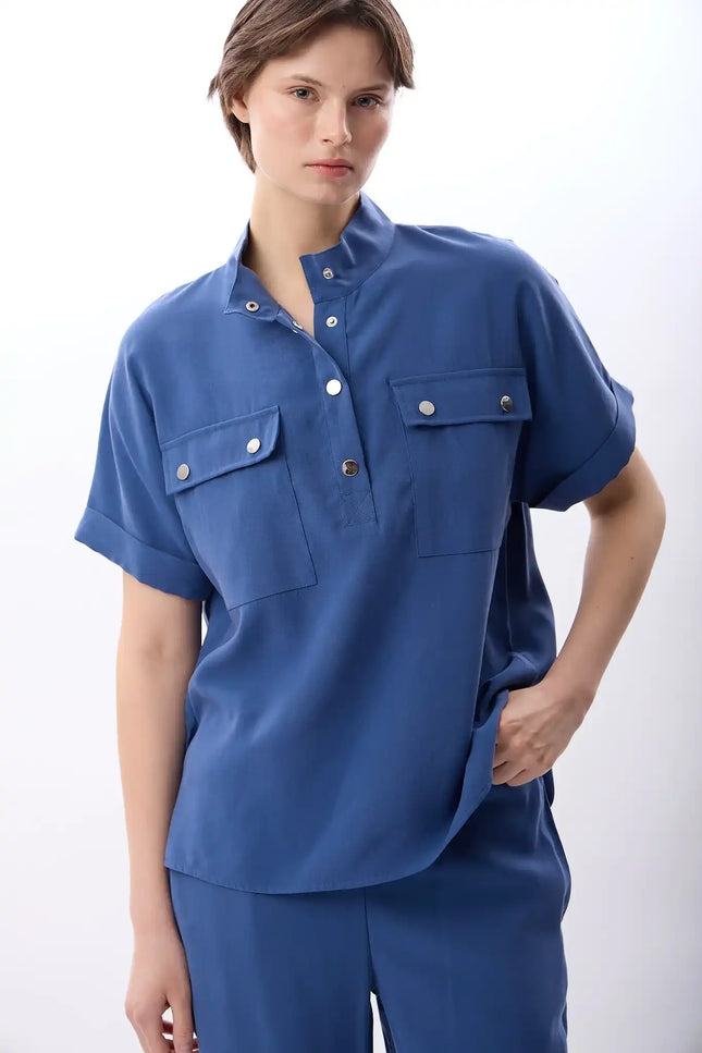 Açık Yaka Metal Düğmeli Gömlek (İndigo)