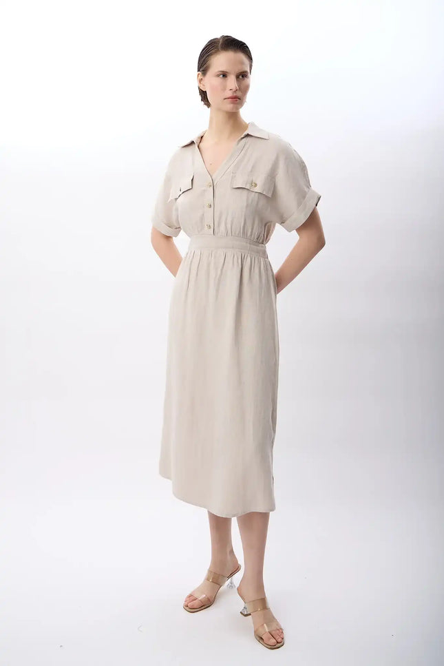 Gömlek Yaka Cepli Elbise (Bej)
