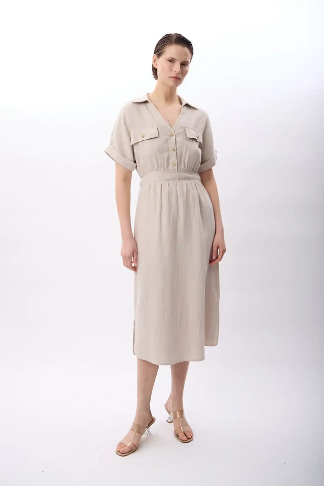 Gömlek Yaka Cepli Elbise (Bej)
