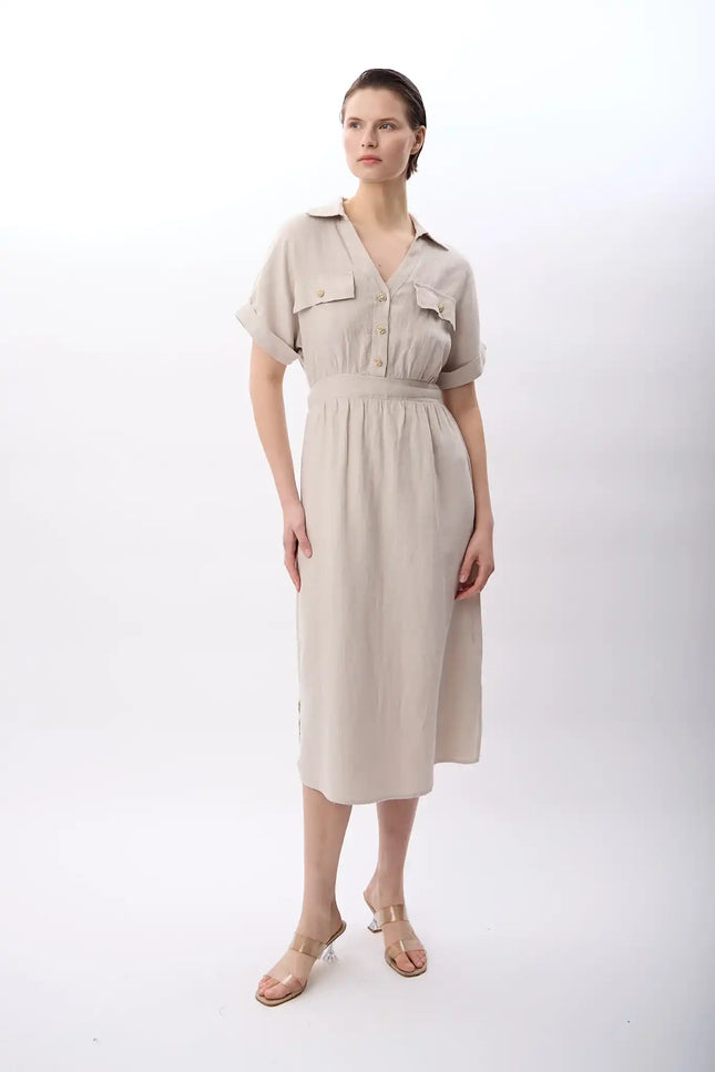 Gömlek Yaka Cepli Elbise (Bej)