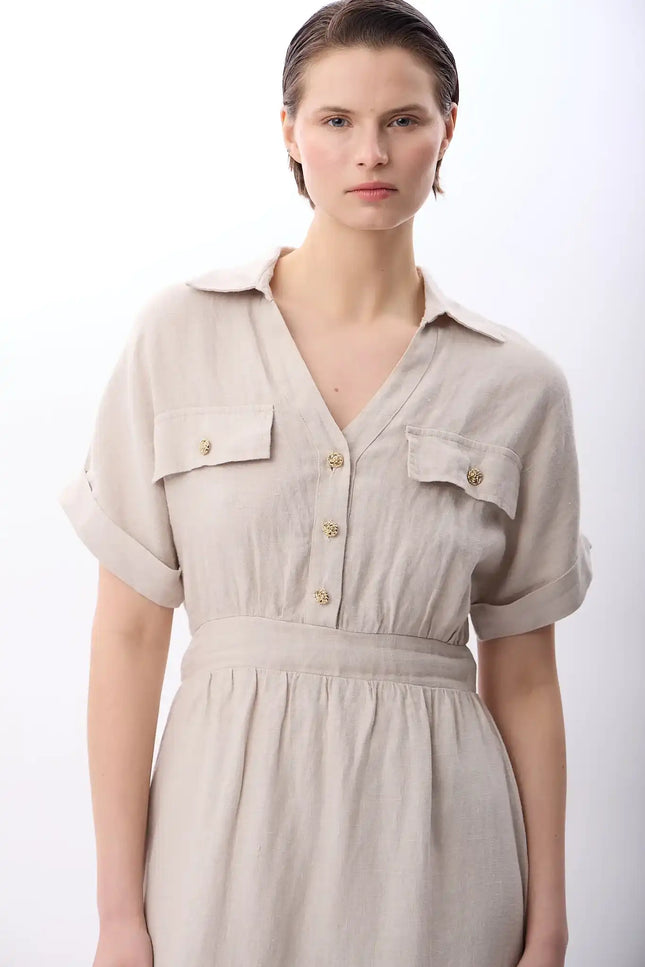 Gömlek Yaka Cepli Elbise (Bej)