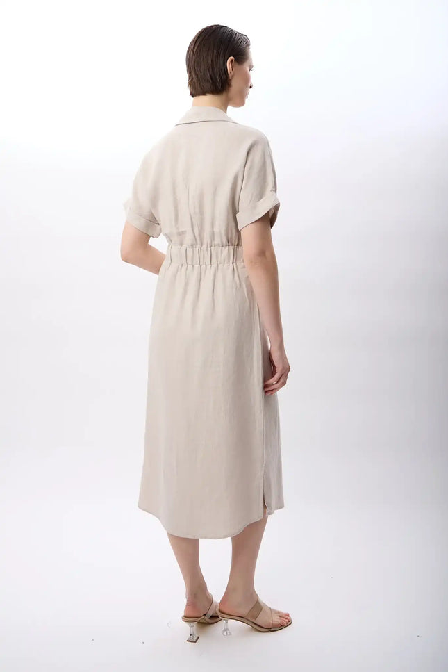 Gömlek Yaka Cepli Elbise (Bej)