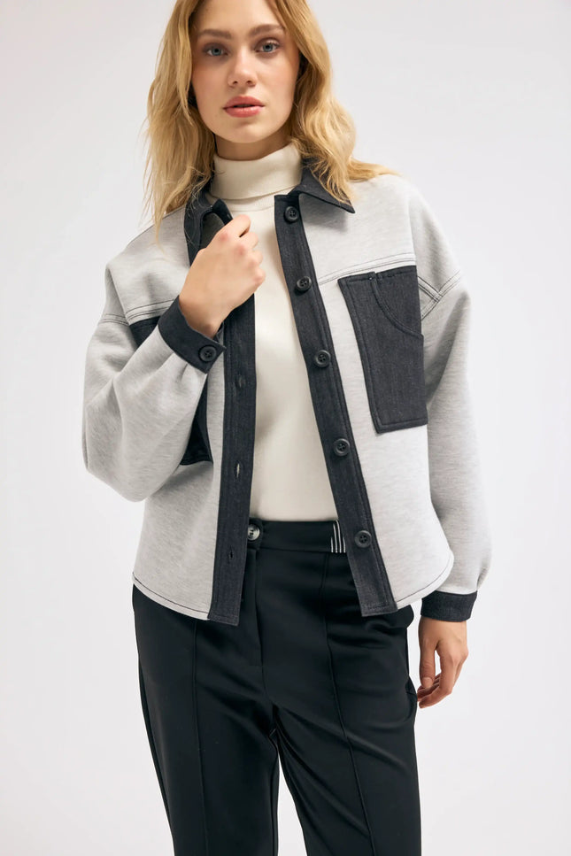 Denim Detaylı Gri Ceket