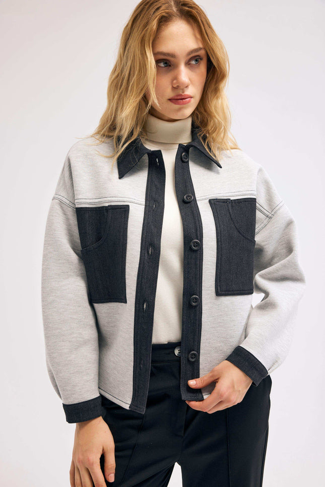 Denim Detaylı Gri Ceket