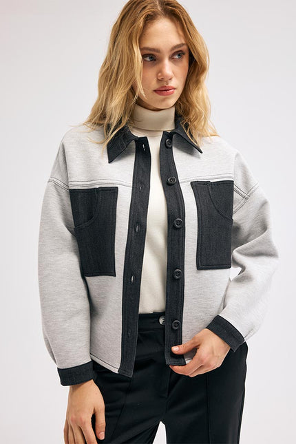 Denim Detaylı Gri Ceket