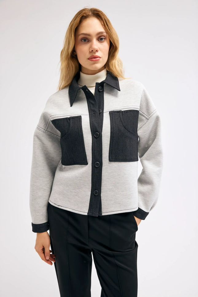 Denim Detaylı Gri Ceket