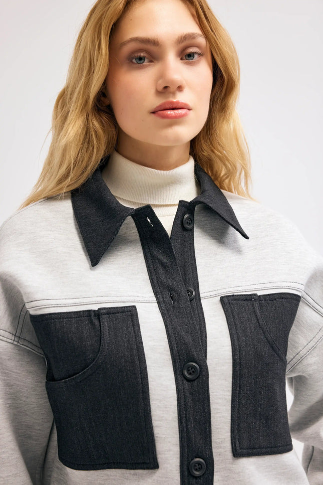 Denim Detaylı Gri Ceket