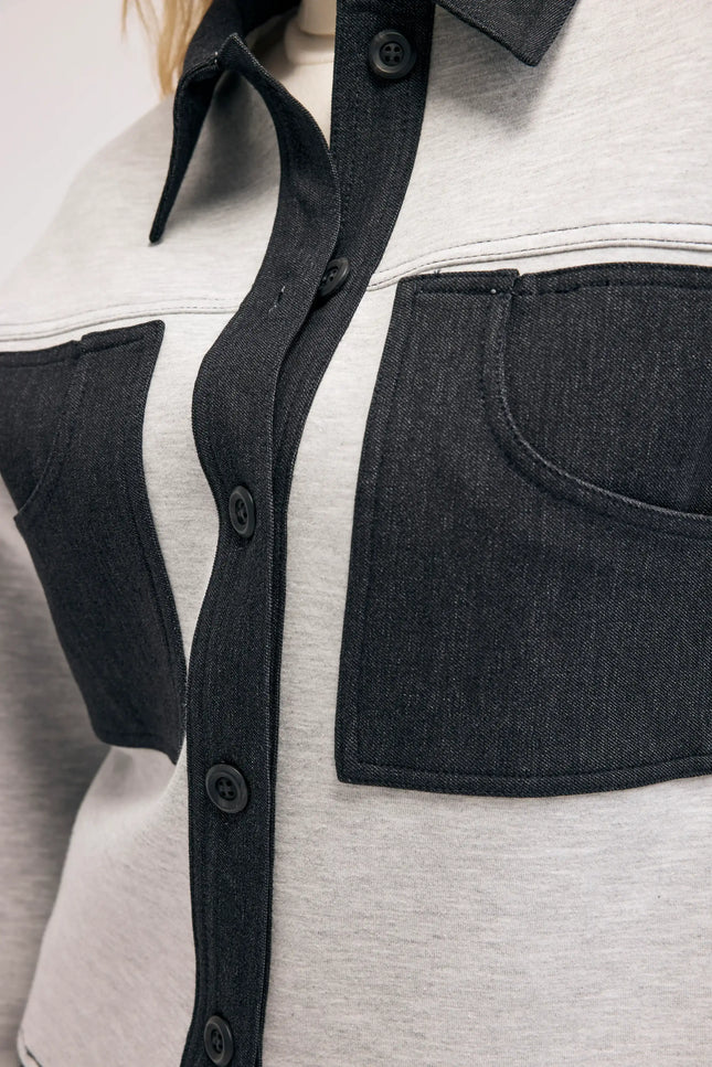 Denim Detaylı Gri Ceket