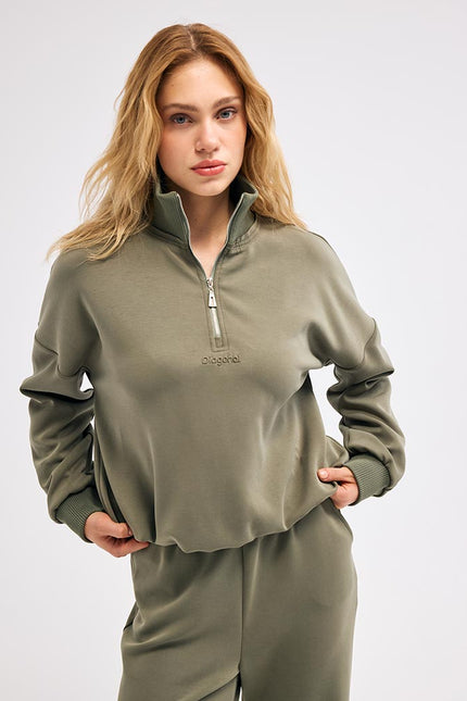 Fermuarlı Haki Sweatshirt