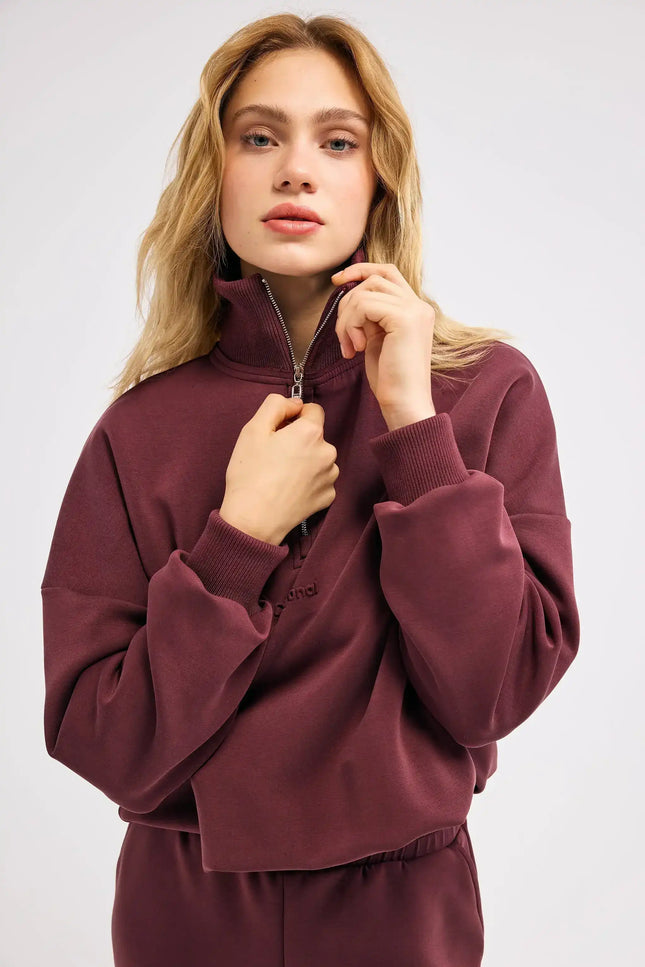 Fermuarlı Bordo Sweatshirt