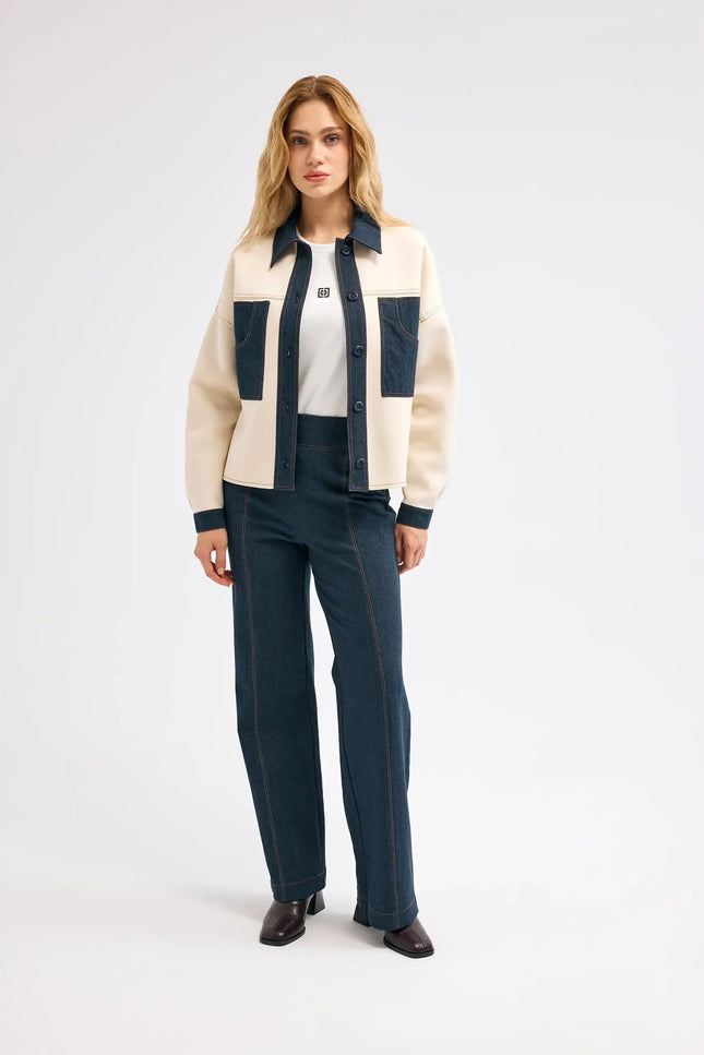 Denim Detaylı Bej Ceket
