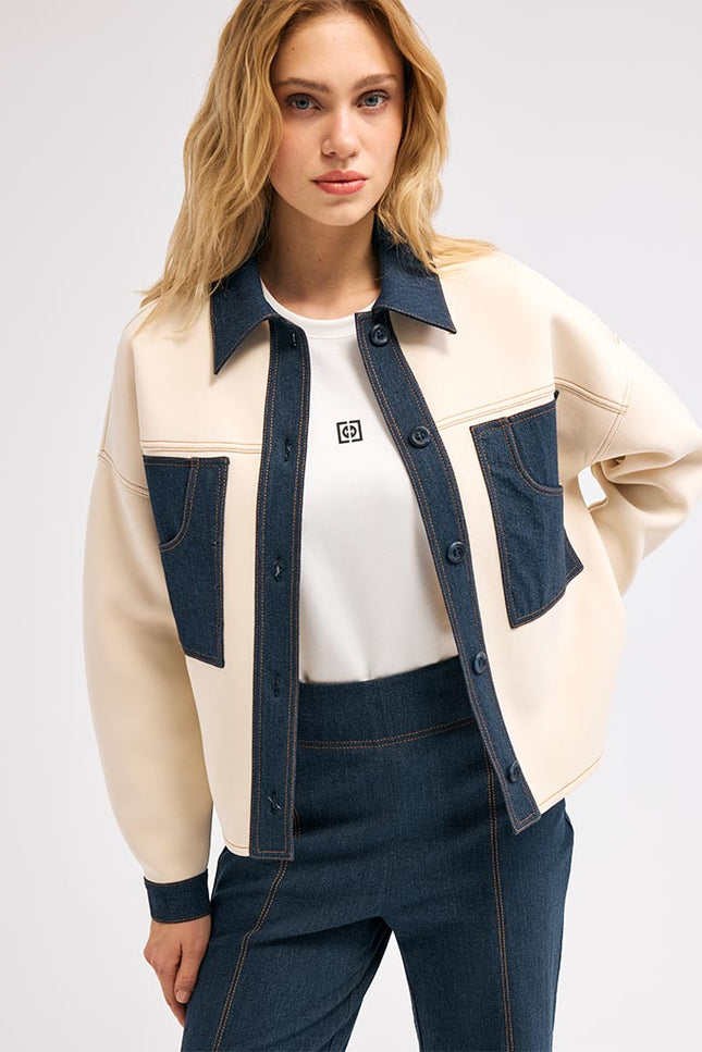 Denim Detaylı Bej Ceket