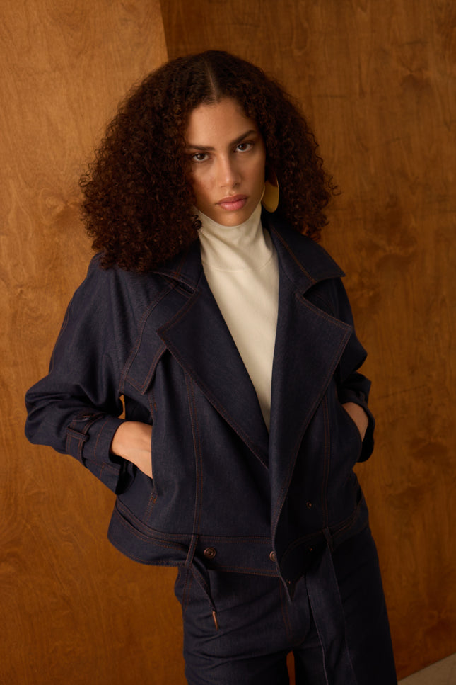 Kruvaze Yaka Denim Ceket (Lacivert)