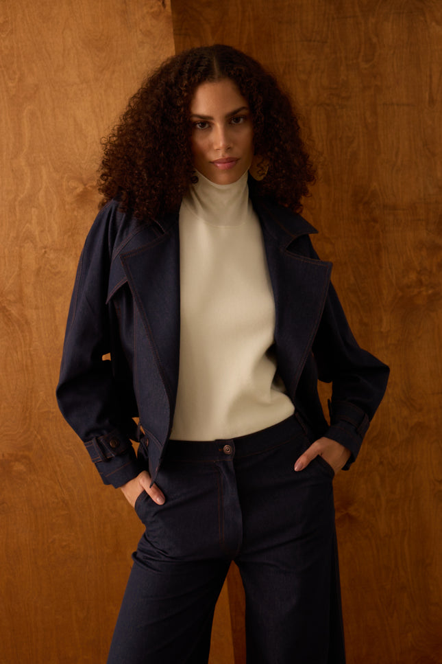 Kruvaze Yaka Denim Ceket (Lacivert)