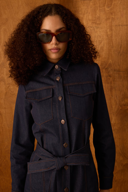 Kuşaklı Denim Elbise (Lacivert)