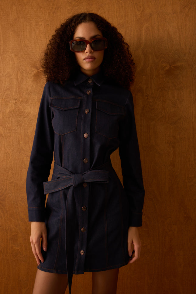 Kuşaklı Denim Elbise (Lacivert)