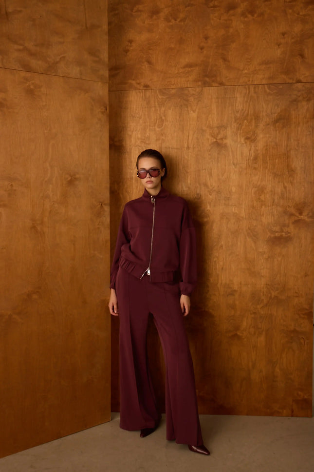 Fermuarlı Bordo Pantolon