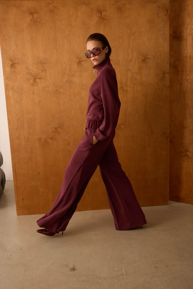 Fermuarlı Bordo Pantolon