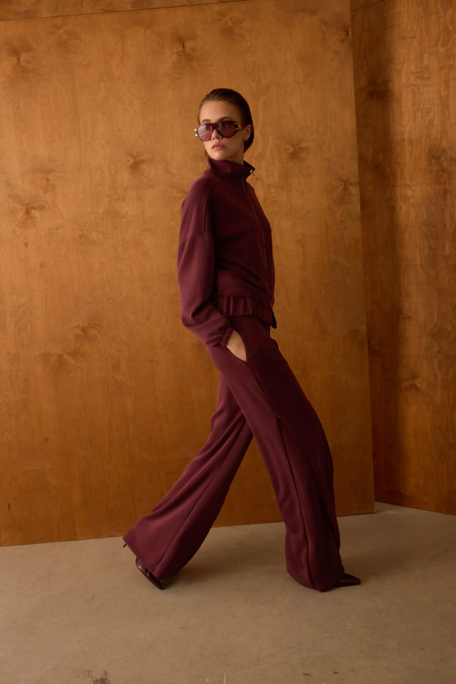 Fermuarlı Bordo Pantolon