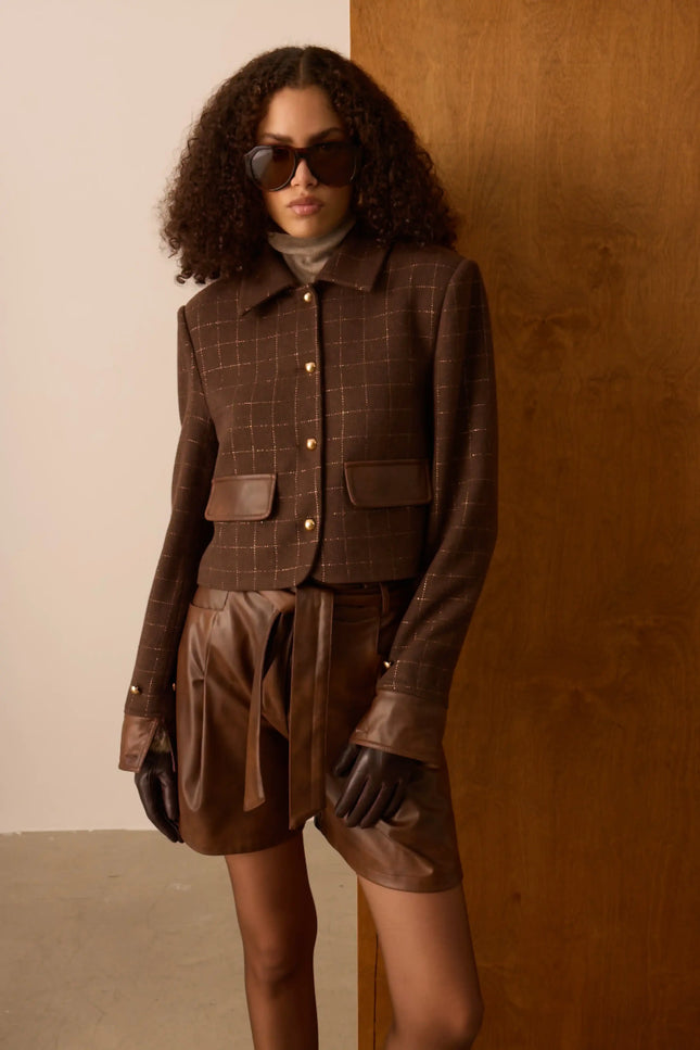 Deri Detaylı Kahverengi Ceket