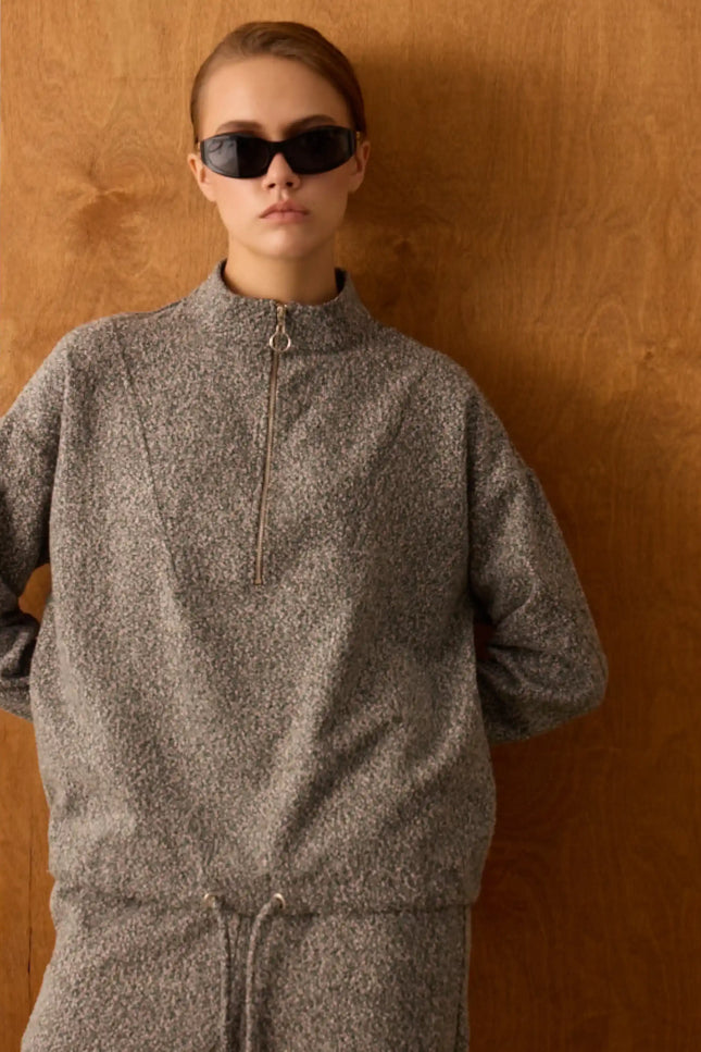 Fermuarlı Gri Sweatshirt