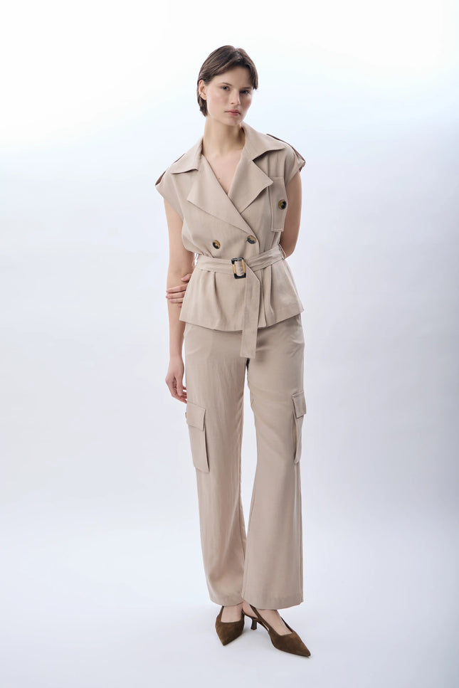 Kemerli Kruvaze Yelek (Bej)