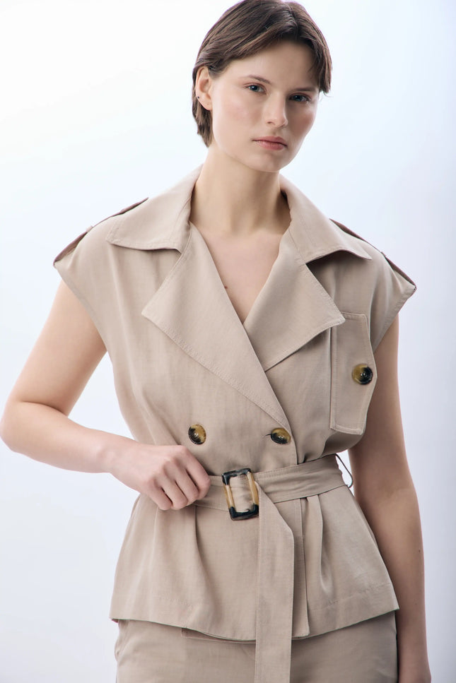 Kemerli Kruvaze Yelek (Bej)