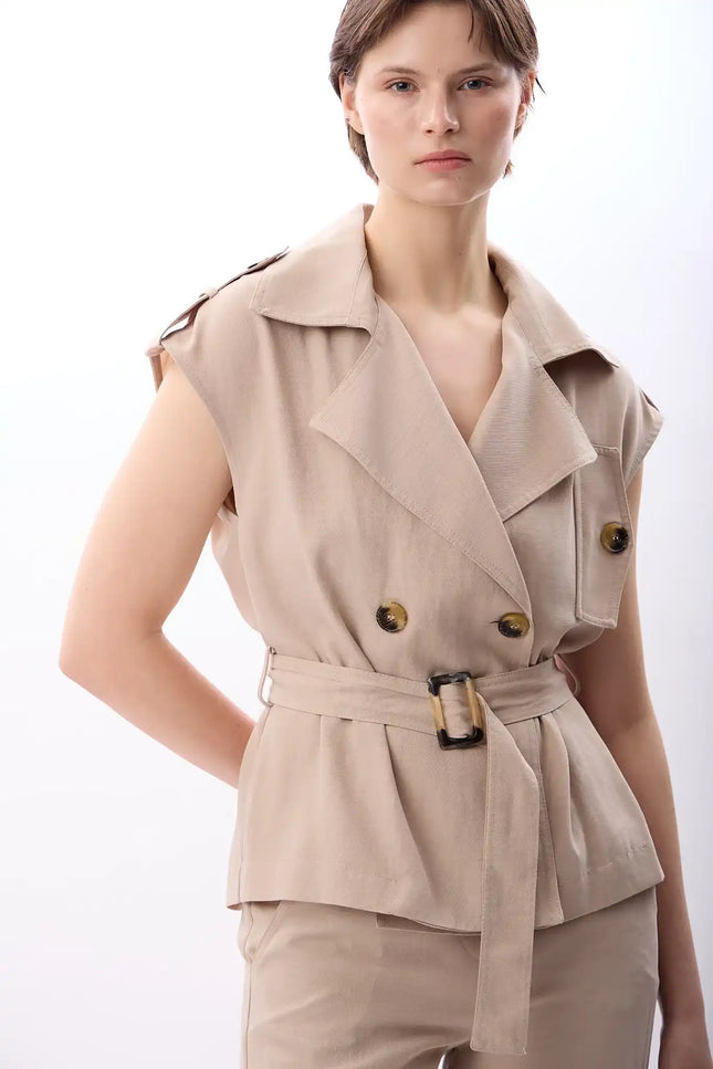 Kemerli Kruvaze Yelek (Bej)