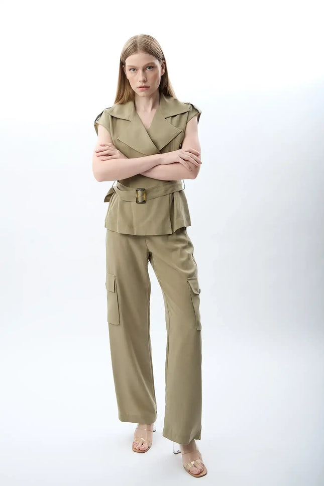 Kemerli Kruvaze Yelek (Haki)