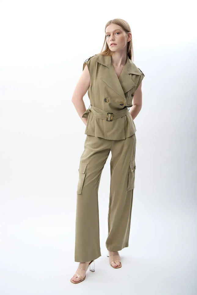 Kemerli Kruvaze Yelek (Haki)