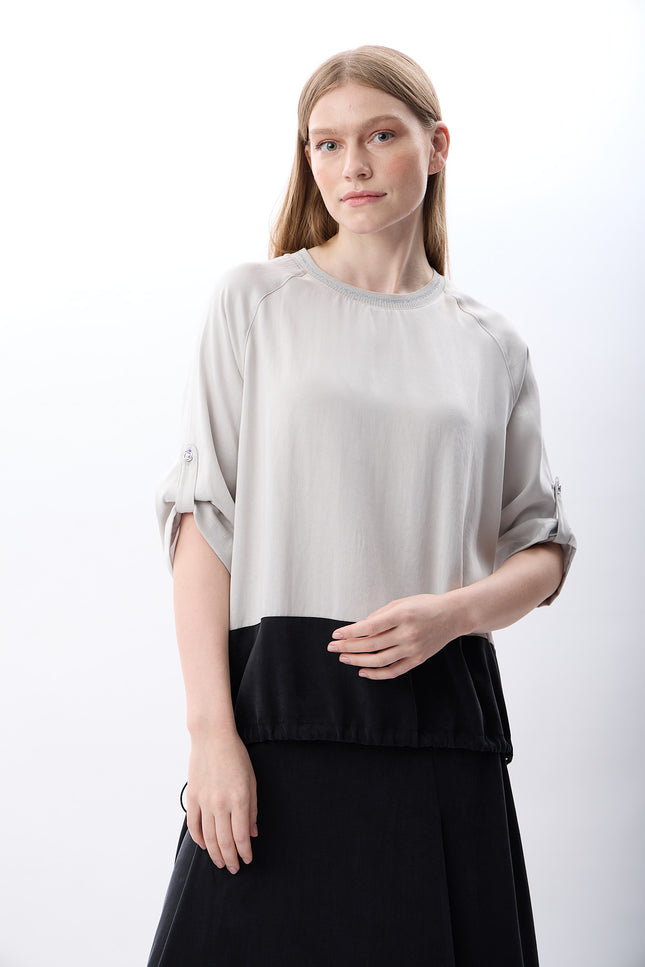 Büzgü Ayarlı İki Renkli Sweatshirt (Gri Siyah)