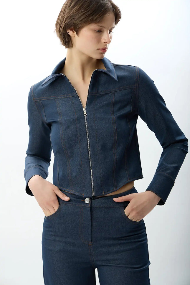 Crop Kesim Kot Ceket (Lacivert)