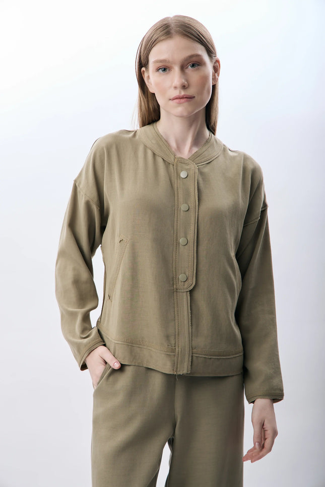 Hakim Yaka Düğmeli Kısa Ceket - Haki