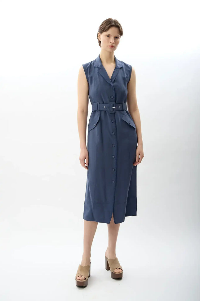 Kemerli Kolsuz Elbise (Mavi)