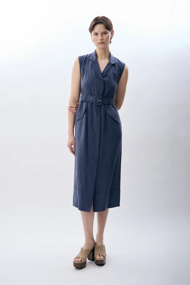 Kemerli Kolsuz Elbise (Mavi)