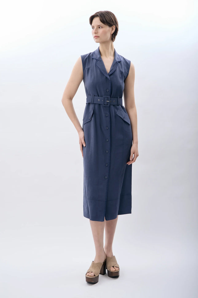 Kemerli Kolsuz Elbise (Mavi)